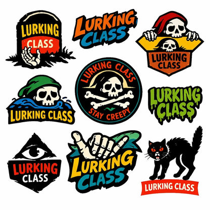 Raw illustrated logo concept featuring bold hand-drawn symbol, streetwear typography and underground branding style: Lurking Class