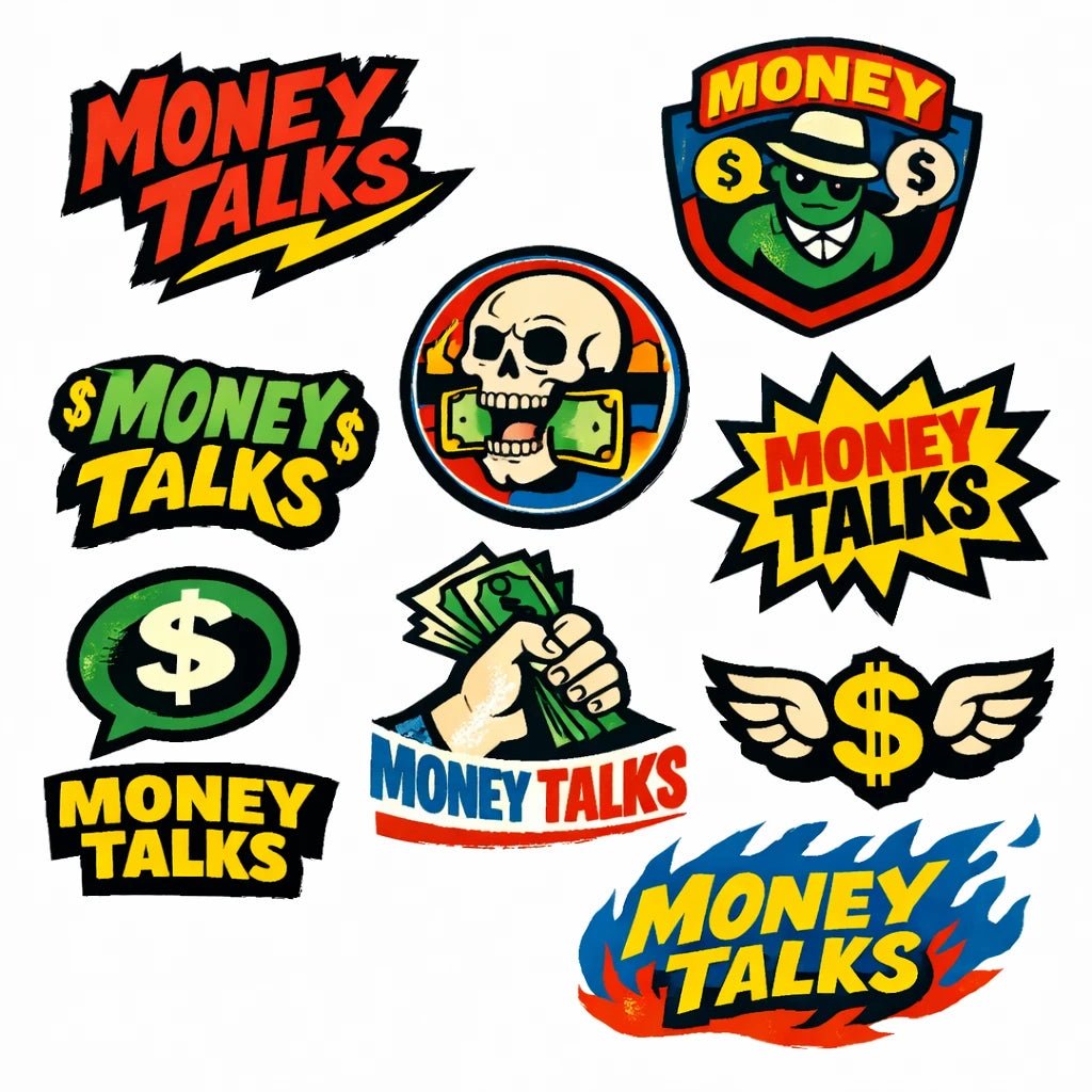 Raw illustrated logo concept featuring bold hand-drawn symbol, streetwear typography and underground branding style: Money Talks