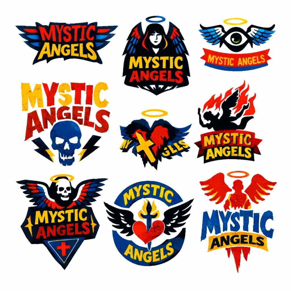 Raw illustrated logo concept featuring bold hand-drawn symbol, streetwear typography and underground branding style: Mystic Angels
