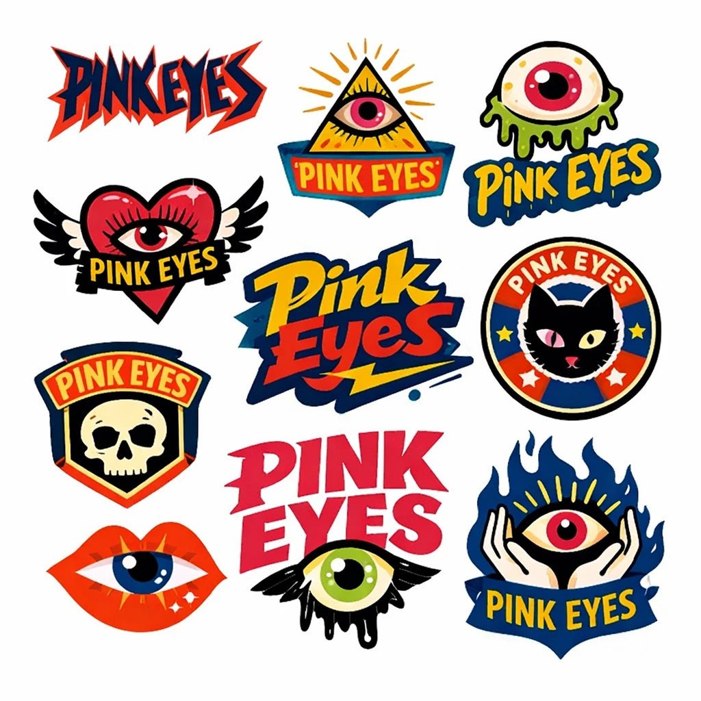 Raw illustrated logo concept featuring bold hand-drawn symbol, streetwear typography and underground branding style: Pink Eyes