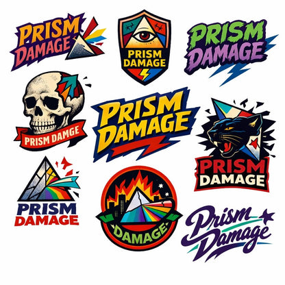 Raw illustrated logo concept featuring bold hand-drawn symbol, streetwear typography and underground branding style: Prism Damage
