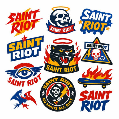 Raw illustrated logo concept featuring bold hand-drawn symbol, streetwear typography and underground branding style: Saint Riot