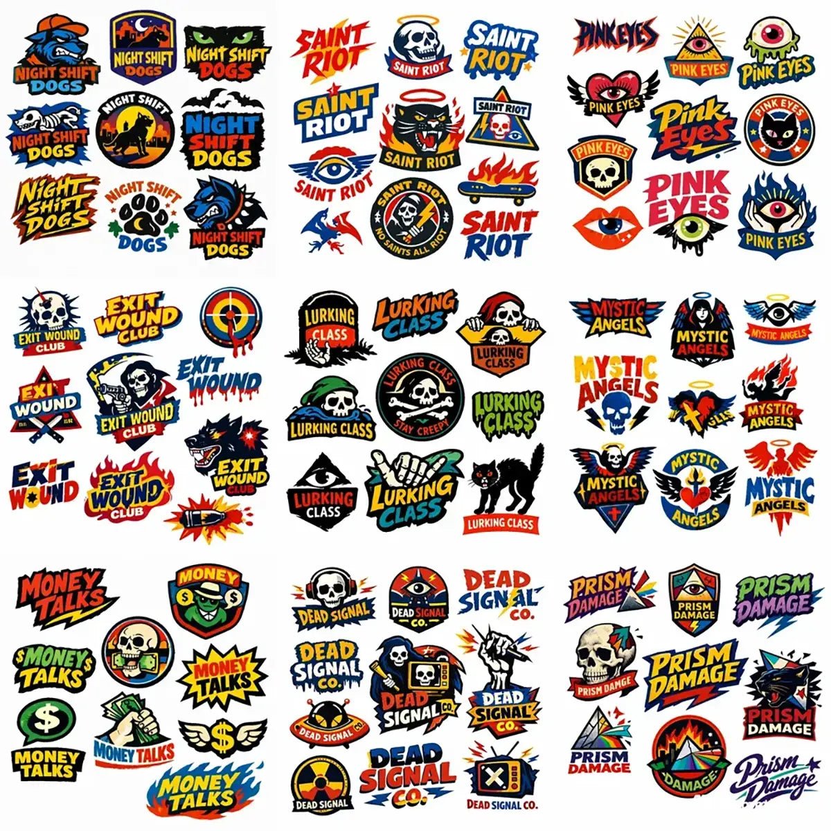 Grid of raw illustrated logo concepts featuring bold hand-drawn symbols, streetwear typography, skulls, eyes, and underground branding styles.