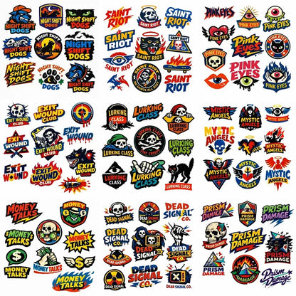 Grid of raw illustrated logo concepts featuring bold hand-drawn symbols, streetwear typography, skulls, eyes, and underground branding styles.