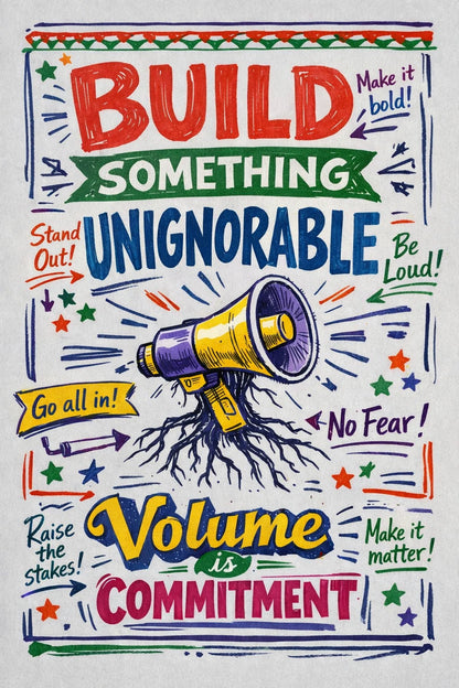 Hand-drawn manifesto typography poster with colorful ink lettering, sketch textures, and expressive motivational quote: Build something unignorable