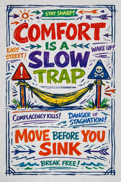 Hand-drawn manifesto typography poster with colorful ink lettering, sketch textures, and expressive motivational quote: Comfort is a slow trap, move before you sink