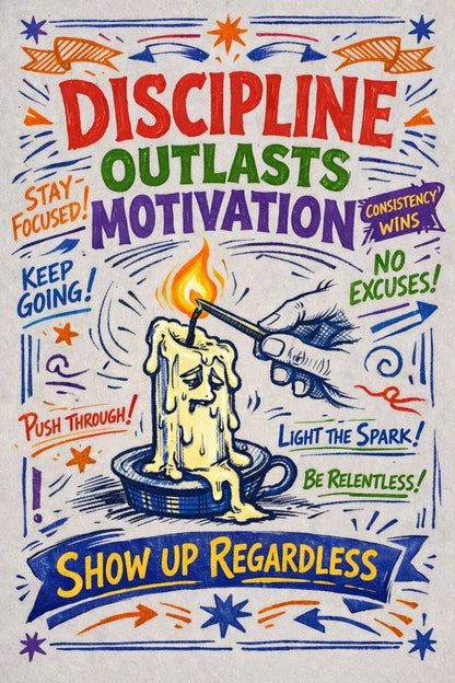 Hand-drawn manifesto typography poster with colorful ink lettering, sketch textures, and expressive motivational quote: discipline outlast motivation, show up regardless