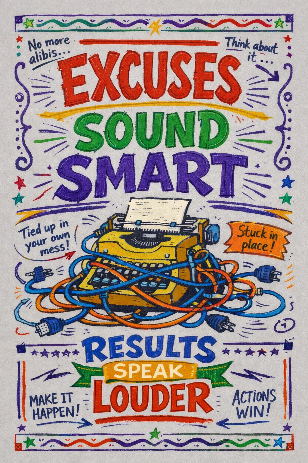 Hand-drawn manifesto typography poster with colorful ink lettering, sketch textures, and expressive motivational quote: Excuses sound smart results speak louder