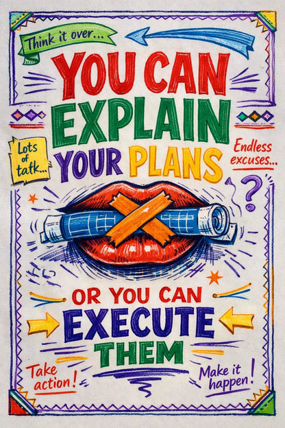 Hand-drawn manifesto typography poster with colorful ink lettering, sketch textures, and expressive motivational quote: You can explain your plans or you can execute them