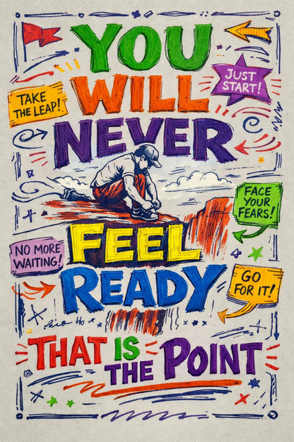 Hand-drawn manifesto typography poster with colorful ink lettering, sketch textures, and expressive motivational quote: You will never feel ready, that is the point.