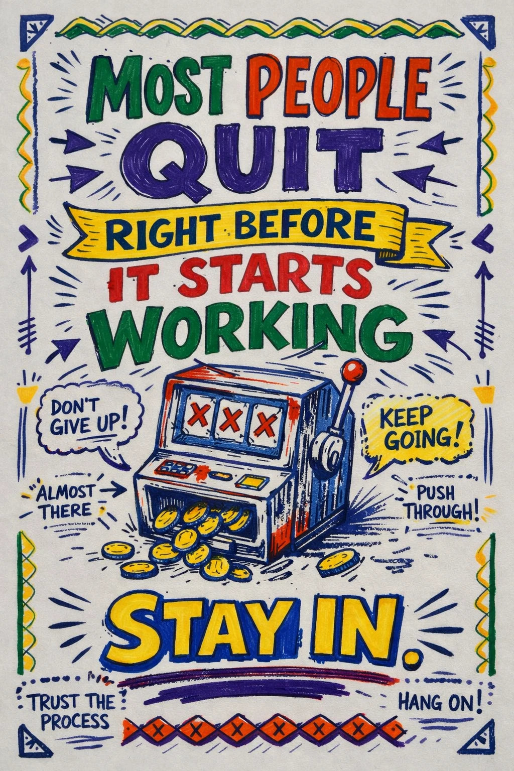 Hand-drawn manifesto typography poster with colorful ink lettering, sketch textures, and expressive motivational quote: Most people quit right before it tarts working