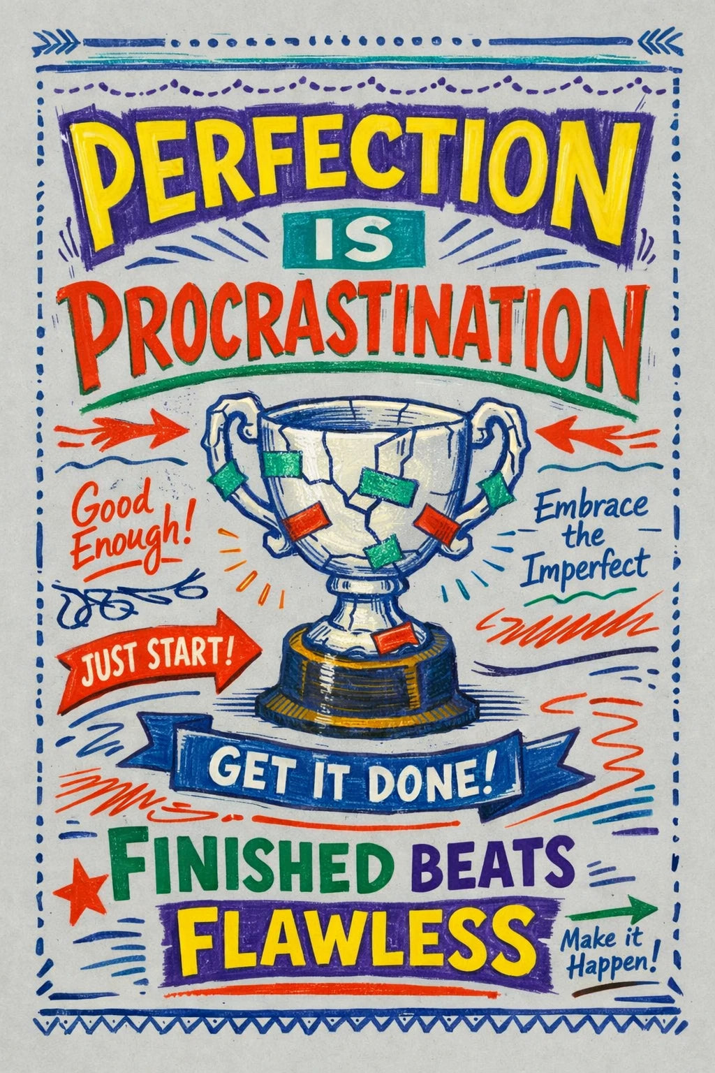 Hand-drawn manifesto typography poster with colorful ink lettering, sketch textures, and expressive motivational quote: Perfection is procrastination, finished beats flawless