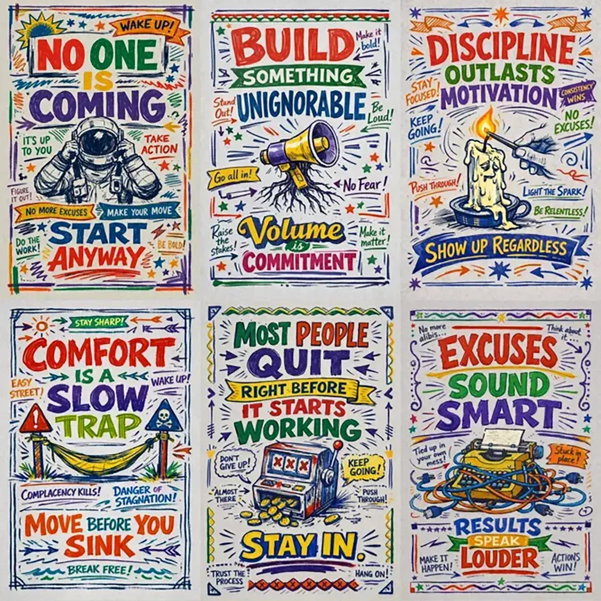 Hand-drawn manifesto typography posters with colorful ink lettering, sketch textures, and expressive motivational quotes in vertical layouts.