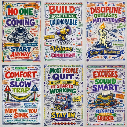 Hand-drawn manifesto typography posters with colorful ink lettering, sketch textures, and expressive motivational quotes in vertical layouts.