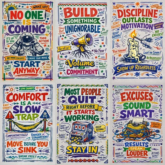 Hand-drawn manifesto typography posters with colorful ink lettering, sketch textures, and expressive motivational quotes in vertical layouts.