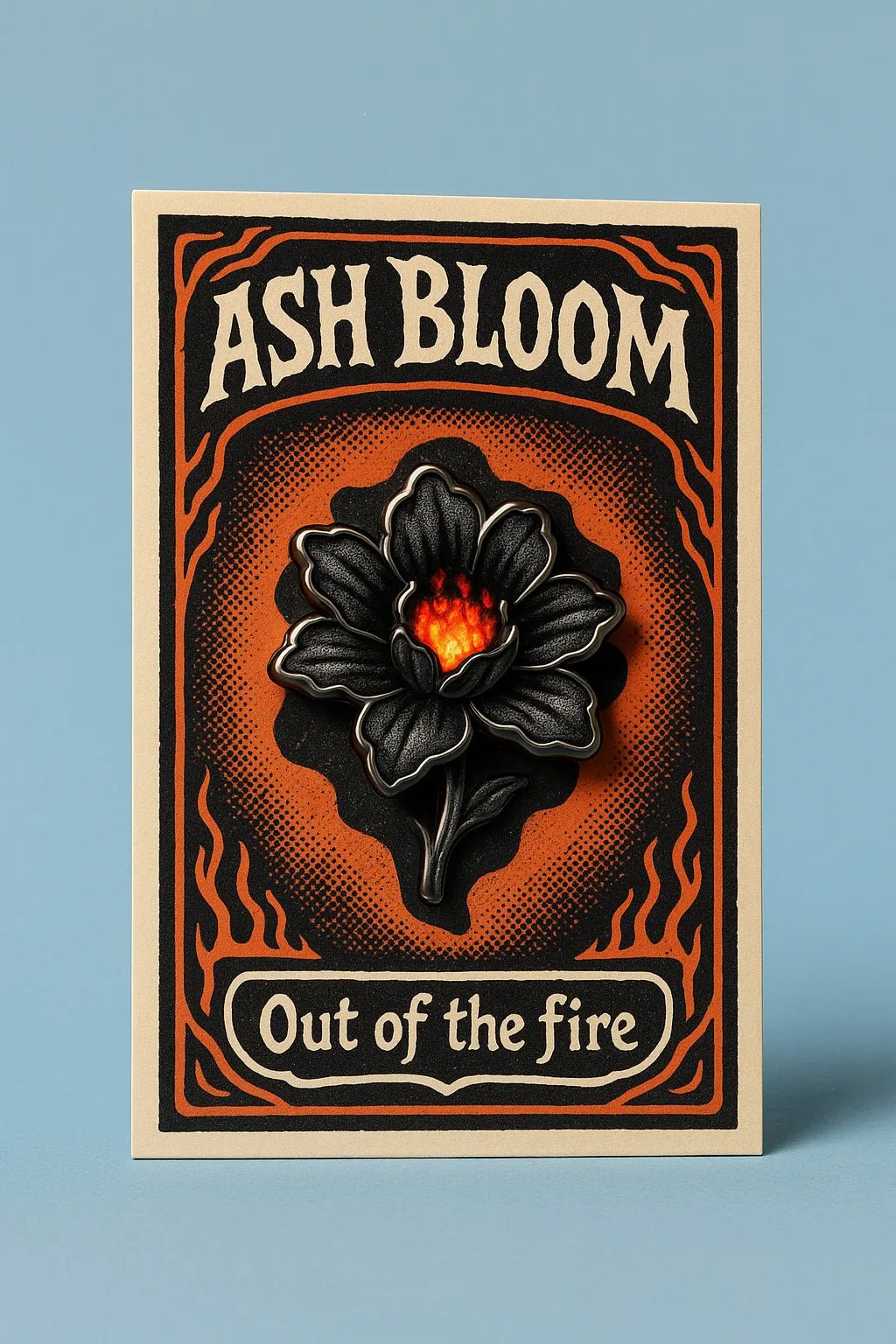 Example output from the Real Enamel Pin Cards ChatGPT prompt: collectible enamel-style pin mockup. Ash Bloom.