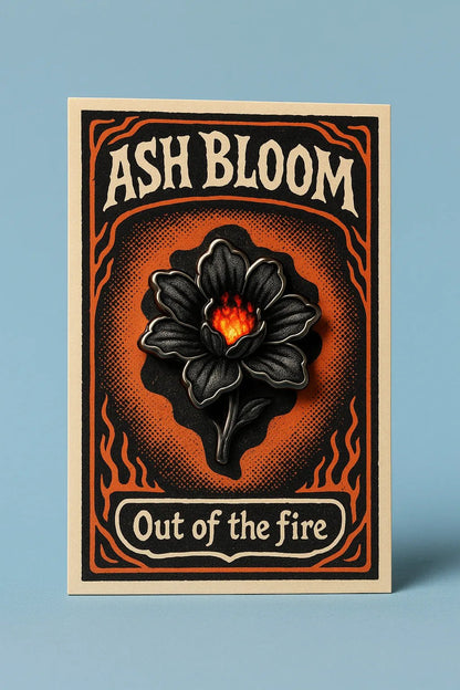 Example output from the Real Enamel Pin Cards ChatGPT prompt: collectible enamel-style pin mockup. Ash Bloom.