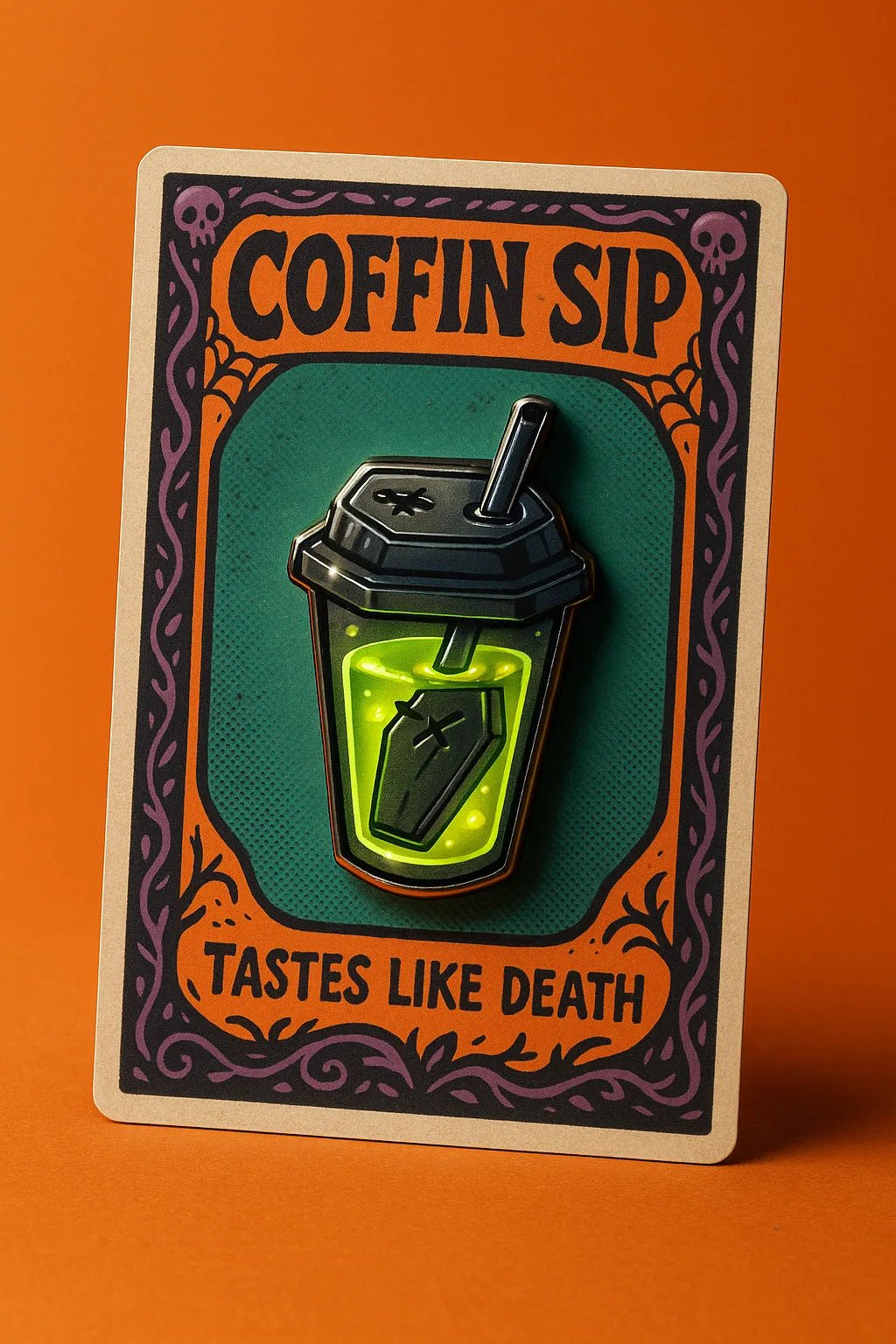 Example output from the Real Enamel Pin Cards ChatGPT prompt: collectible enamel-style pin mockup. Coffin Sip.