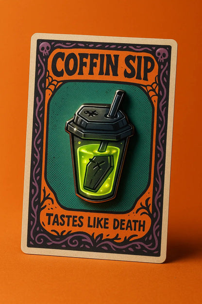Example output from the Real Enamel Pin Cards ChatGPT prompt: collectible enamel-style pin mockup. Coffin Sip.