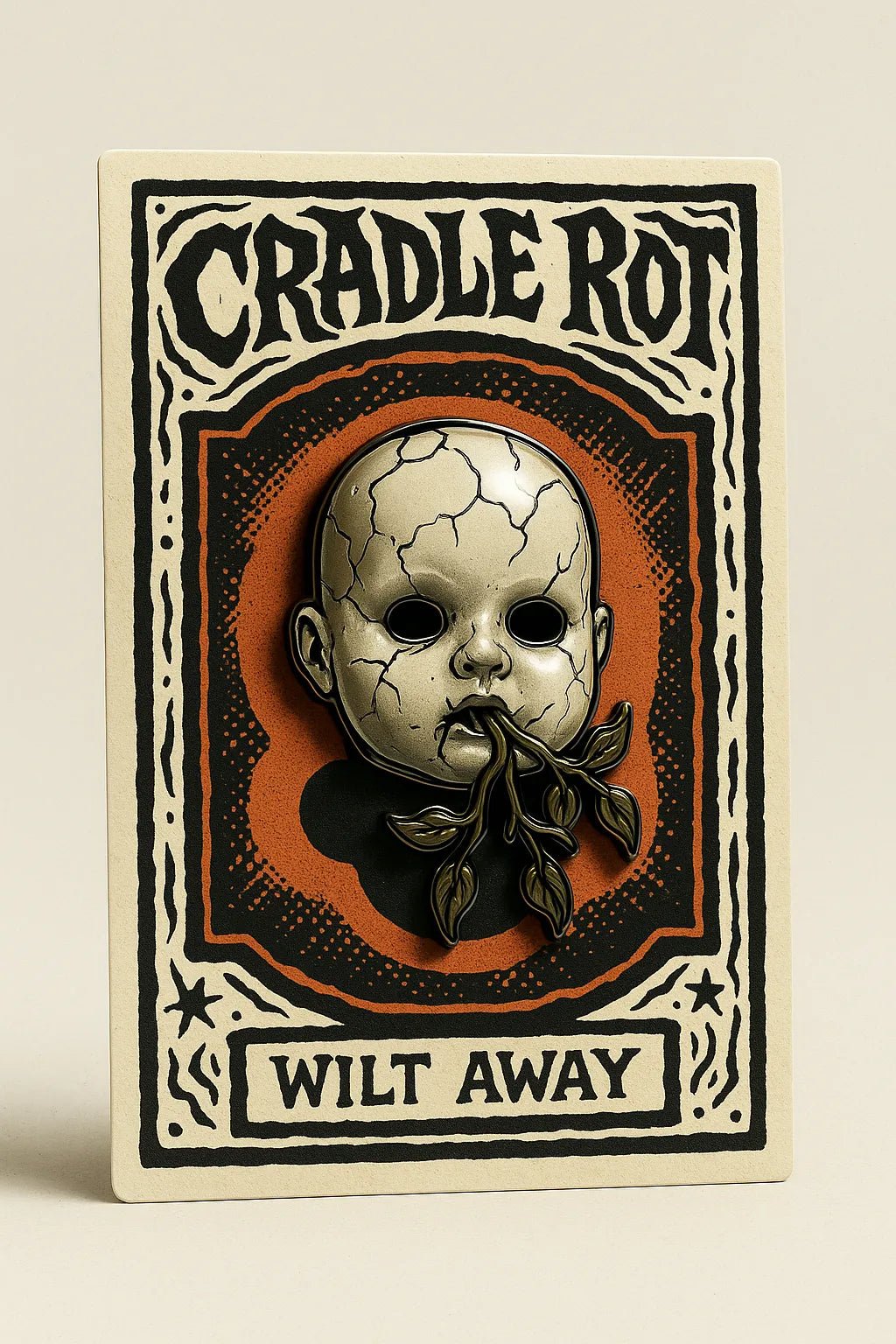 Example output from the Real Enamel Pin Cards ChatGPT prompt: collectible enamel-style pin mockup. Cradle Rot.
