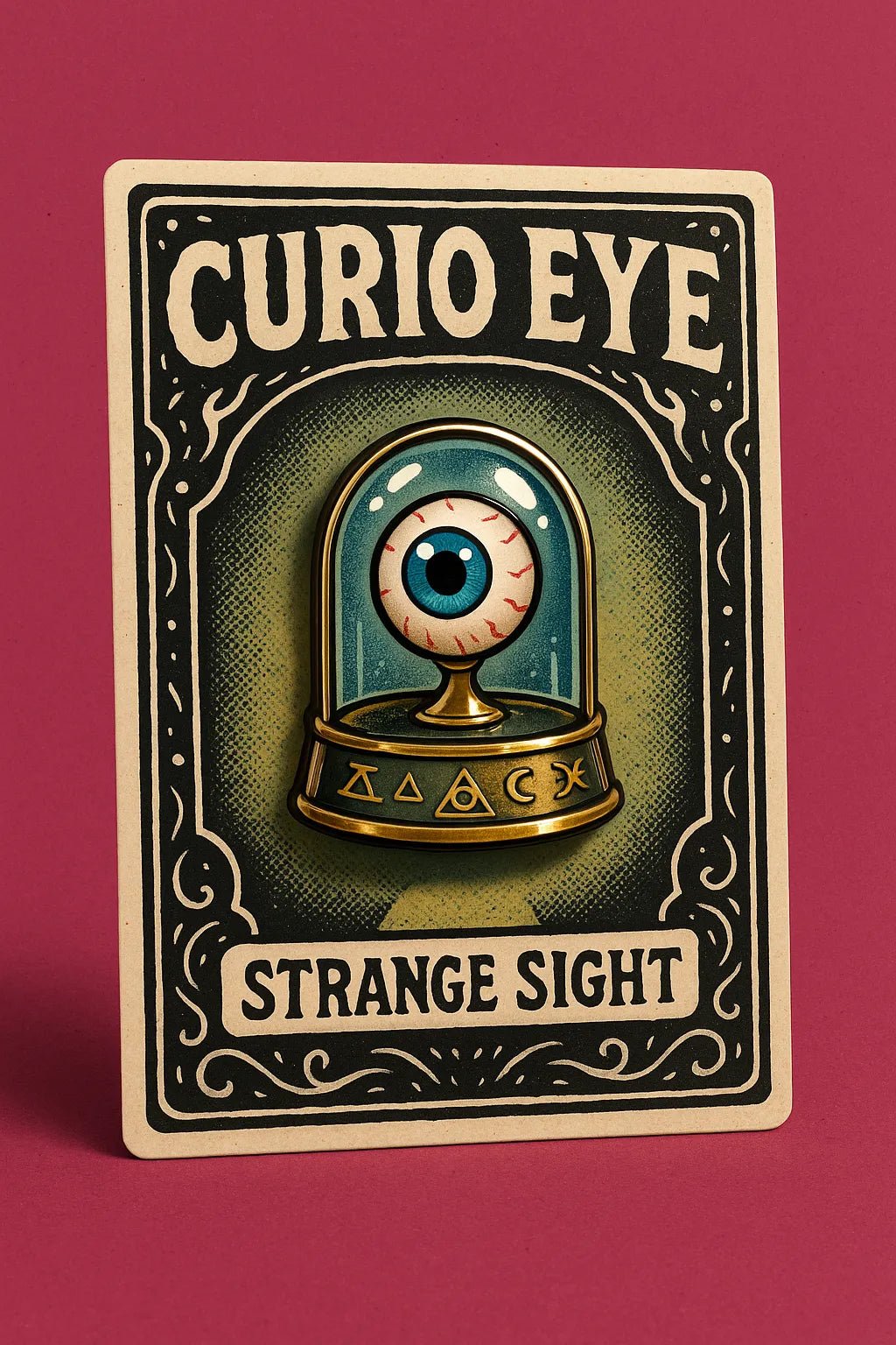 Example output from the Real Enamel Pin Cards ChatGPT prompt: collectible enamel-style pin mockup. Curio Eye.