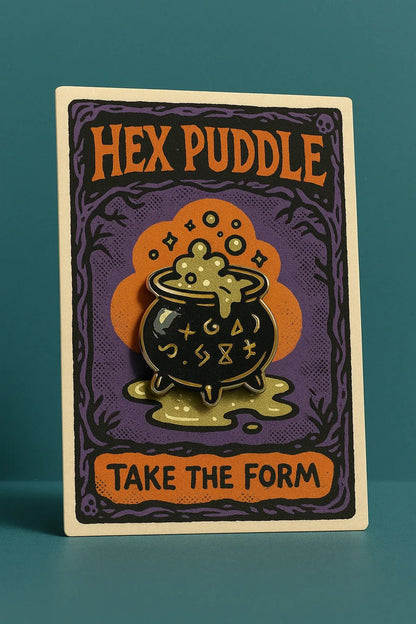 Example output from the Real Enamel Pin Cards ChatGPT prompt: collectible enamel-style pin mockup. Hex Puddle.