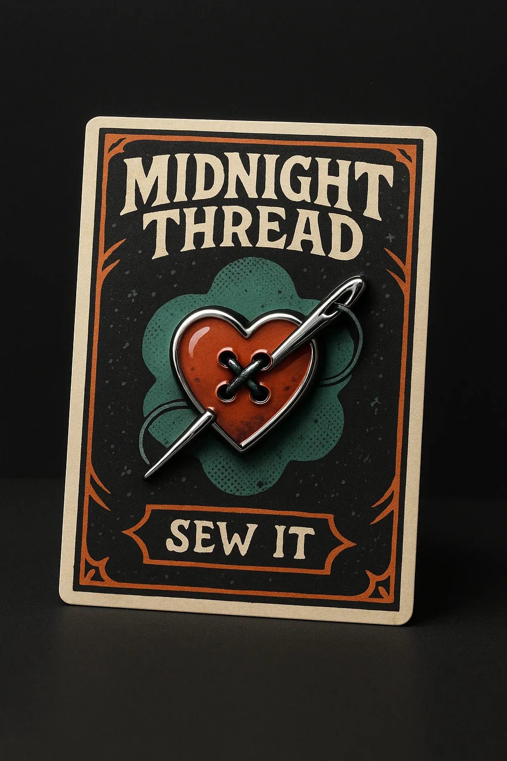 Example output from the Real Enamel Pin Cards ChatGPT prompt: collectible enamel-style pin mockup. Midnight Thread.