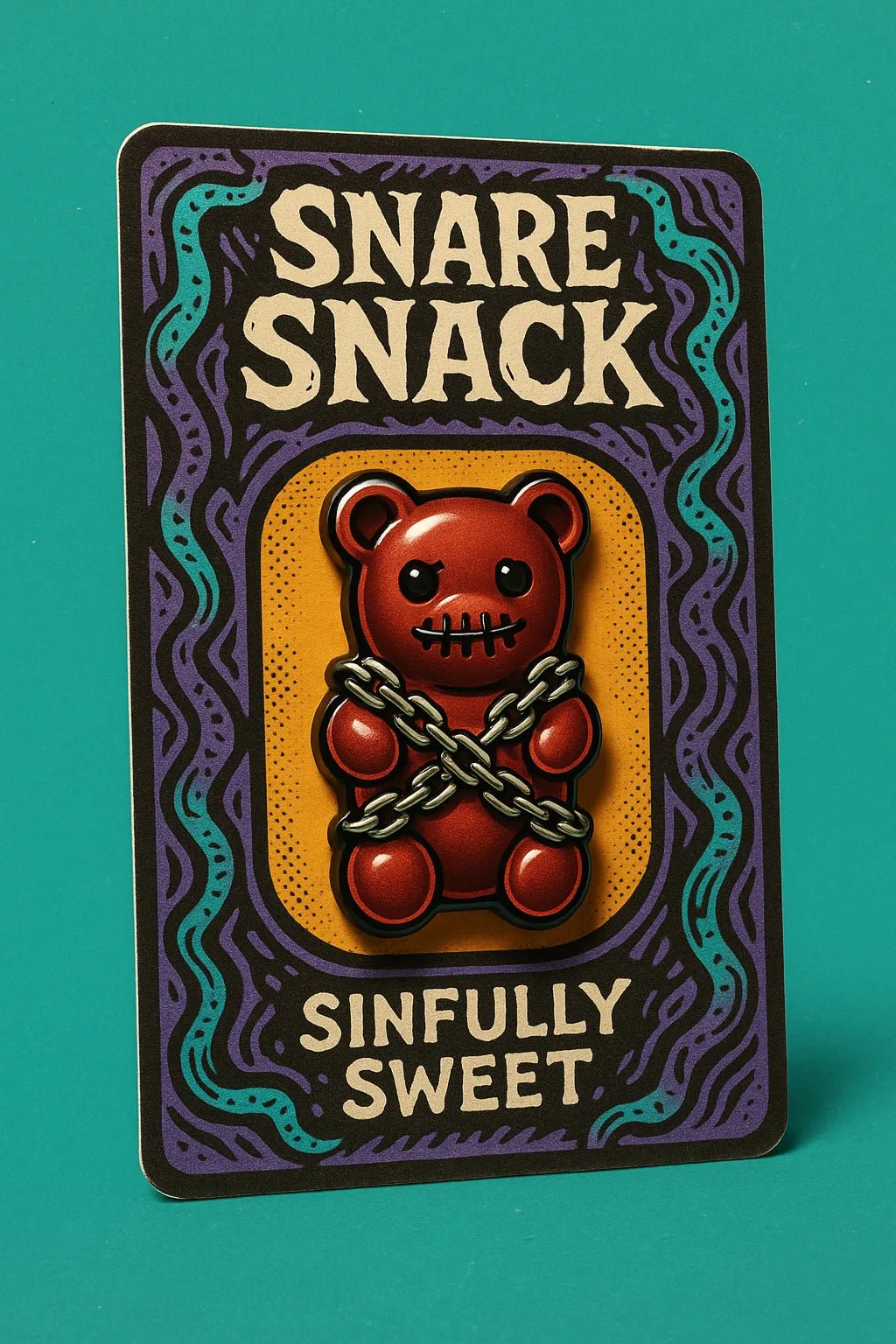 Example output from the Real Enamel Pin Cards ChatGPT prompt: collectible enamel-style pin mockup. Snare Snack.