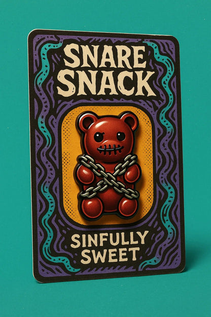 Example output from the Real Enamel Pin Cards ChatGPT prompt: collectible enamel-style pin mockup. Snare Snack.