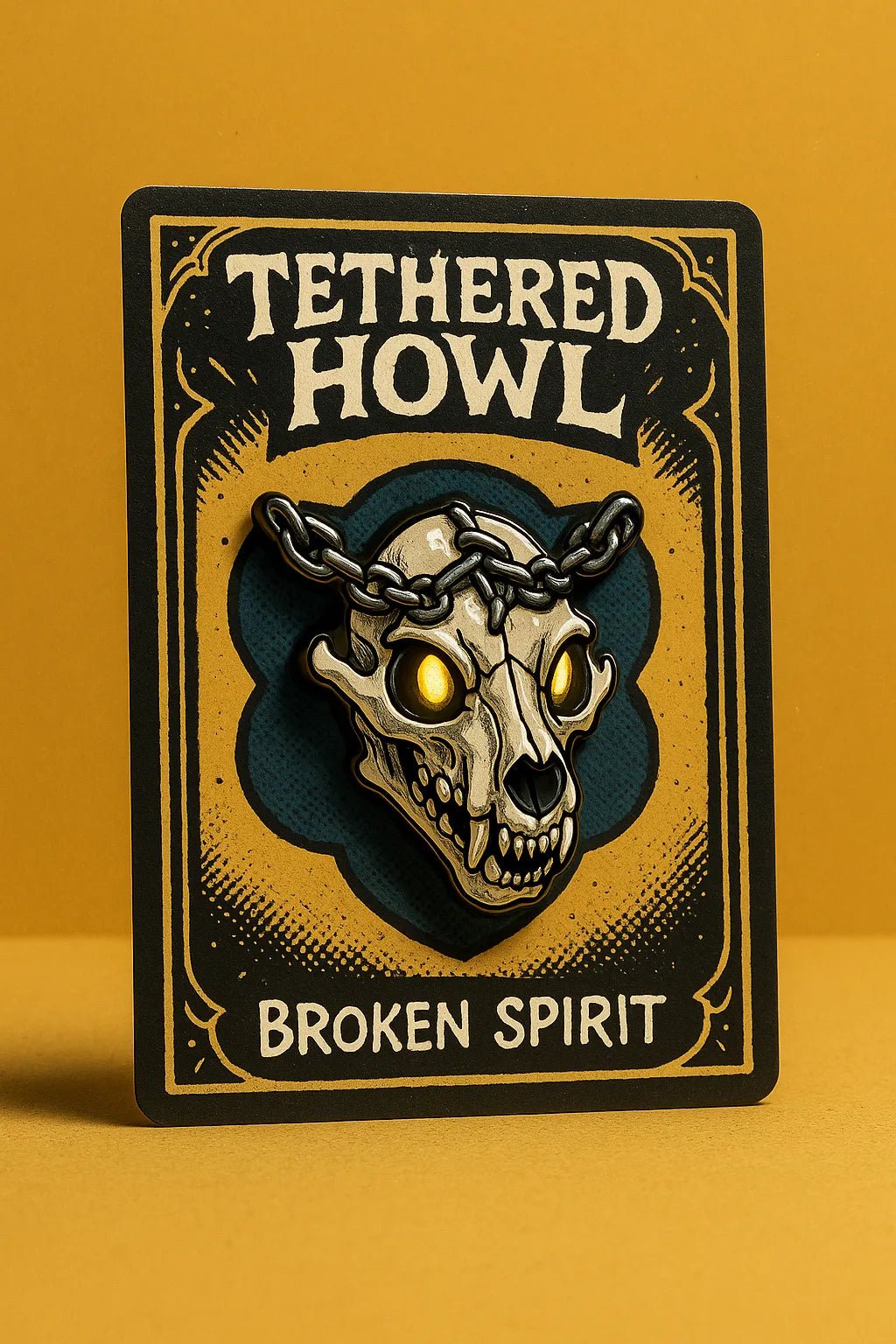 Example output from the Real Enamel Pin Cards ChatGPT prompt: collectible enamel-style pin mockup. Tethered Howl.
