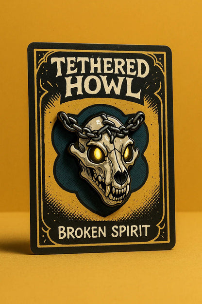 Example output from the Real Enamel Pin Cards ChatGPT prompt: collectible enamel-style pin mockup. Tethered Howl.