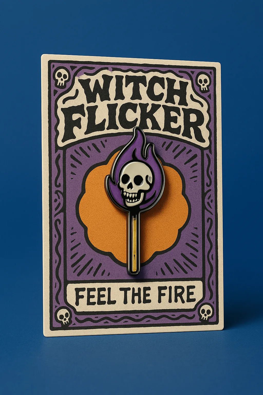 Example output from the Real Enamel Pin Cards ChatGPT prompt: collectible enamel-style pin mockup. Witch Flicker.