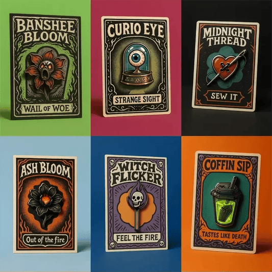 Example output from the Real Enamel Pin Cards ChatGPT prompt: collectible enamel-style pin mockups on eerie portrait cards, featuring grainy shadows, bold titles, and color-blocked backgrounds with spooky themes.