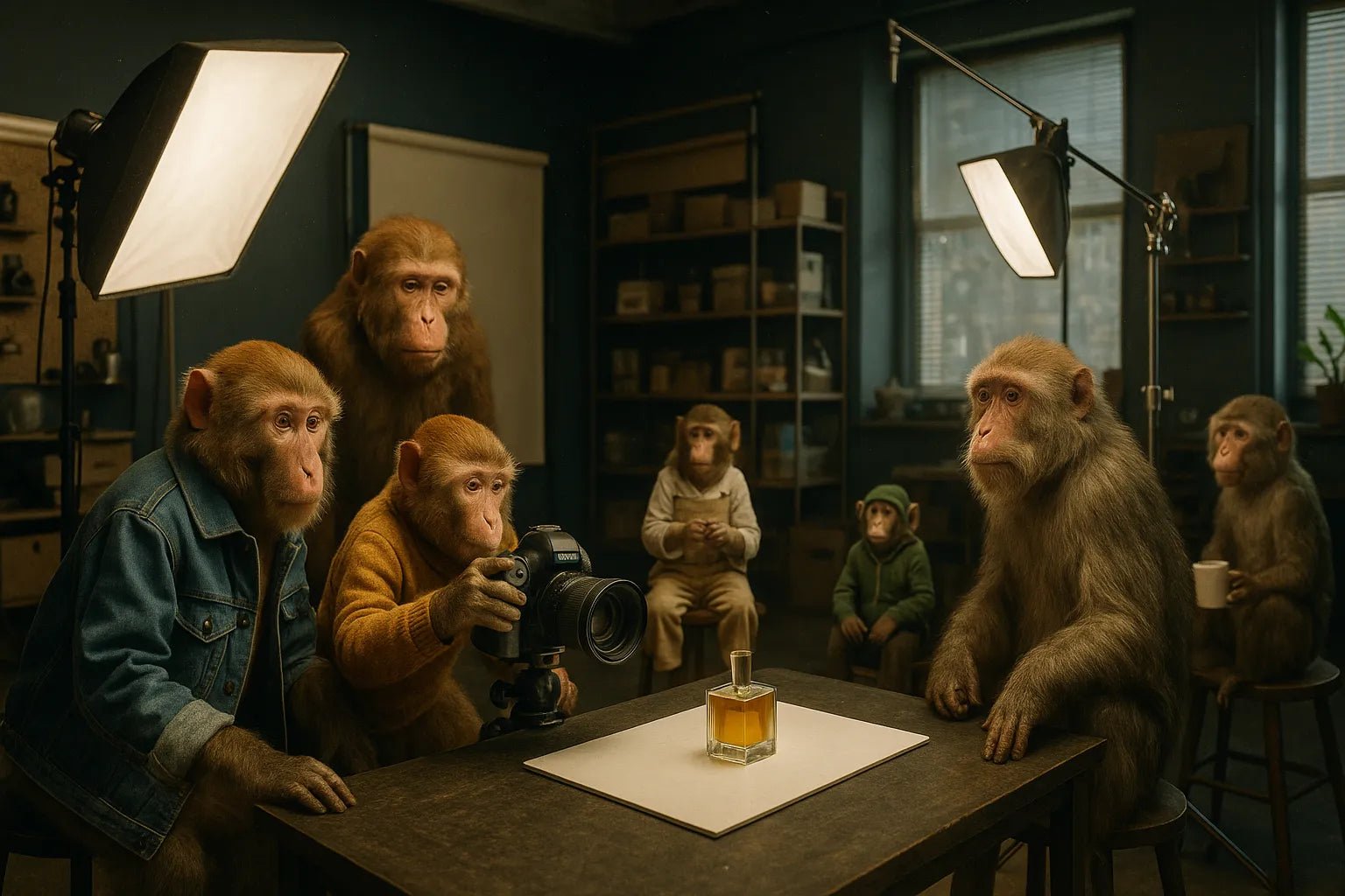Example output from the Real Life Animal Cinema Shots ChatGPT prompt: cinematic scene of anthropomorphic animal: Monkey.