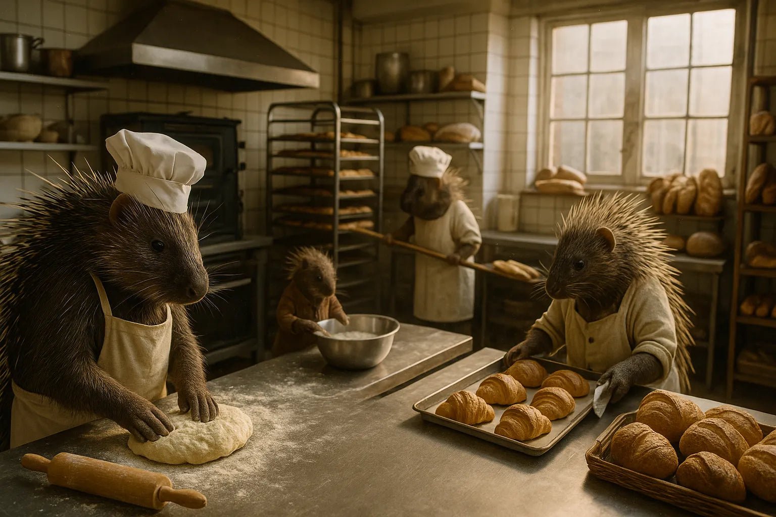Example output from the Real Life Animal Cinema Shots ChatGPT prompt: cinematic scene of anthropomorphic animal: Porcupines.