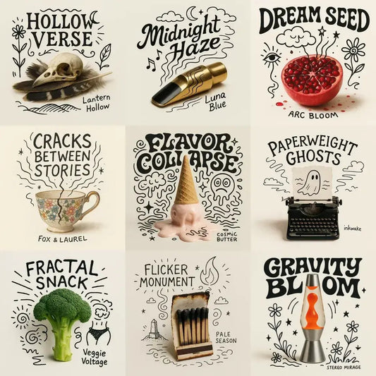 Example output from the Real Objects With Doodle Album Covers ChatGPT prompt: surreal album covers combining photographed objects and drawn doodles, featuring soft neutral tones, stylized title text, and genre-bending themes.