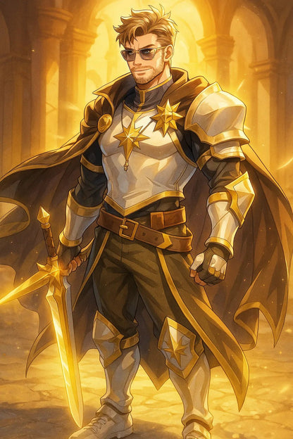Example output from the Real Photo to Anime Hero ChatGPT prompt: Celestial Knight of Light