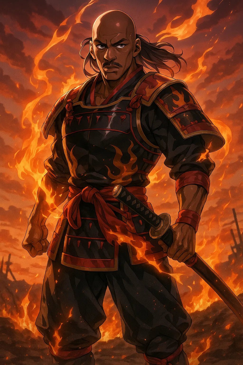 Example output from the Real Photo to Anime Hero ChatGPT prompt: Fire Elemental Samurai