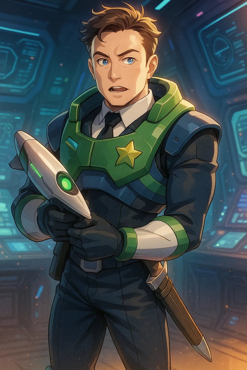 Example output from the Real Photo to Anime Hero ChatGPT prompt: Galactic Computer Station