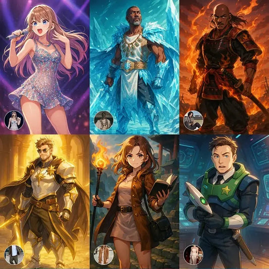 Example output from the Real Photo to Anime Hero ChatGPT prompt: six full-body anime characters. Idol singer, ice guardian, fire samurai, golden knight, torch mage, and space ranger, in cinematic lighting.
