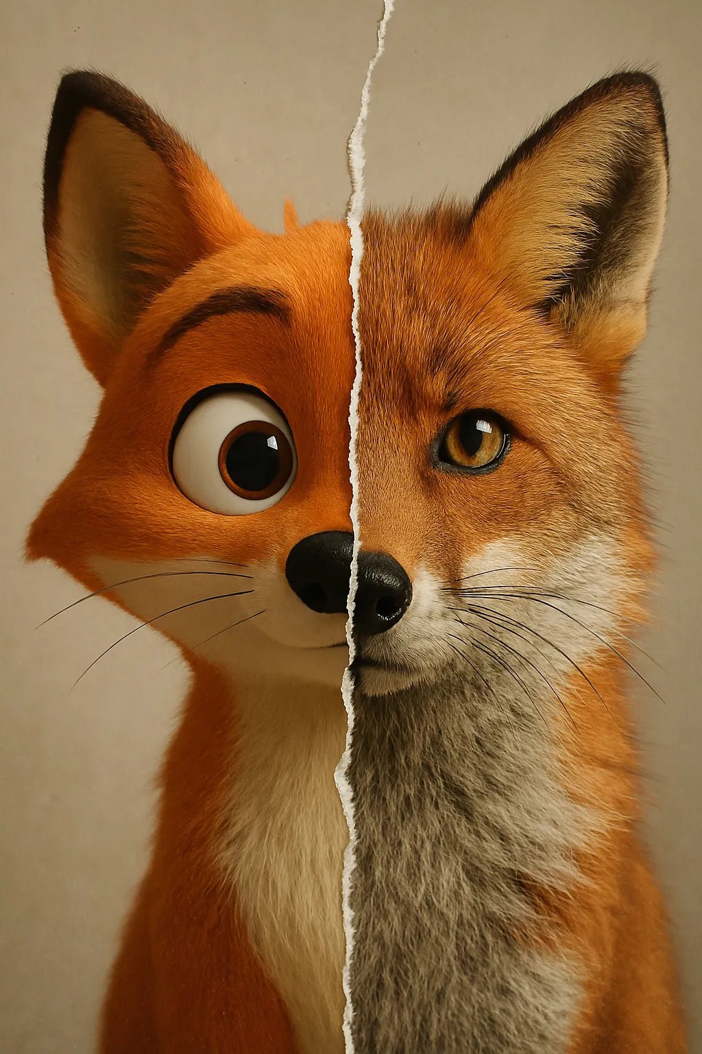Example output from the Real vs Stylized Portraits ChatGPT prompt: split-screen character portrait. Fox.