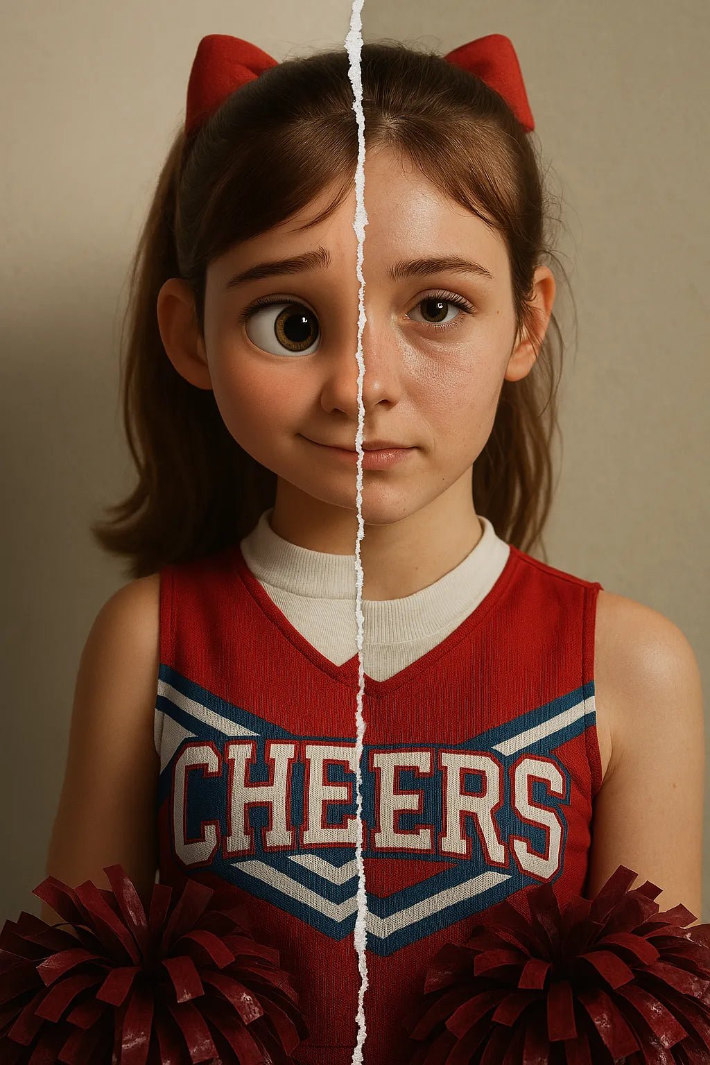 Example output from the Real vs Stylized Portraits ChatGPT prompt: split-screen character portrait. Girl.