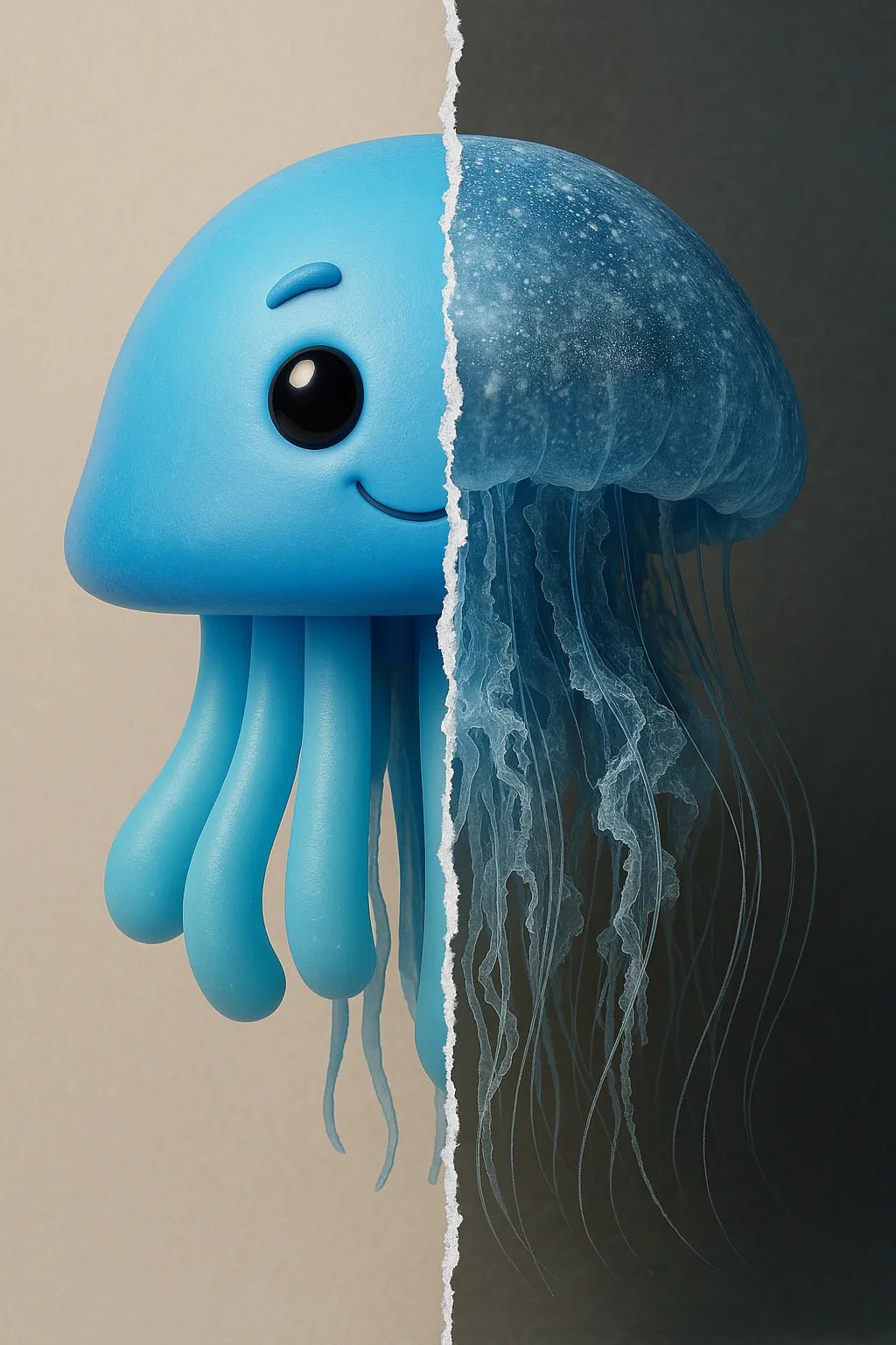 Example output from the Real vs Stylized Portraits ChatGPT prompt: split-screen character portrait. Jellyfish.