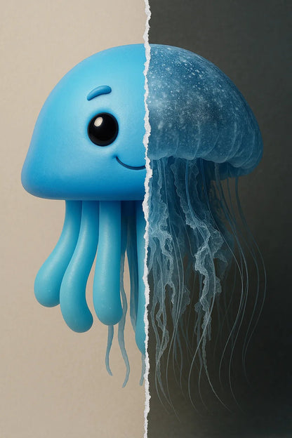 Example output from the Real vs Stylized Portraits ChatGPT prompt: split-screen character portrait. Jellyfish.