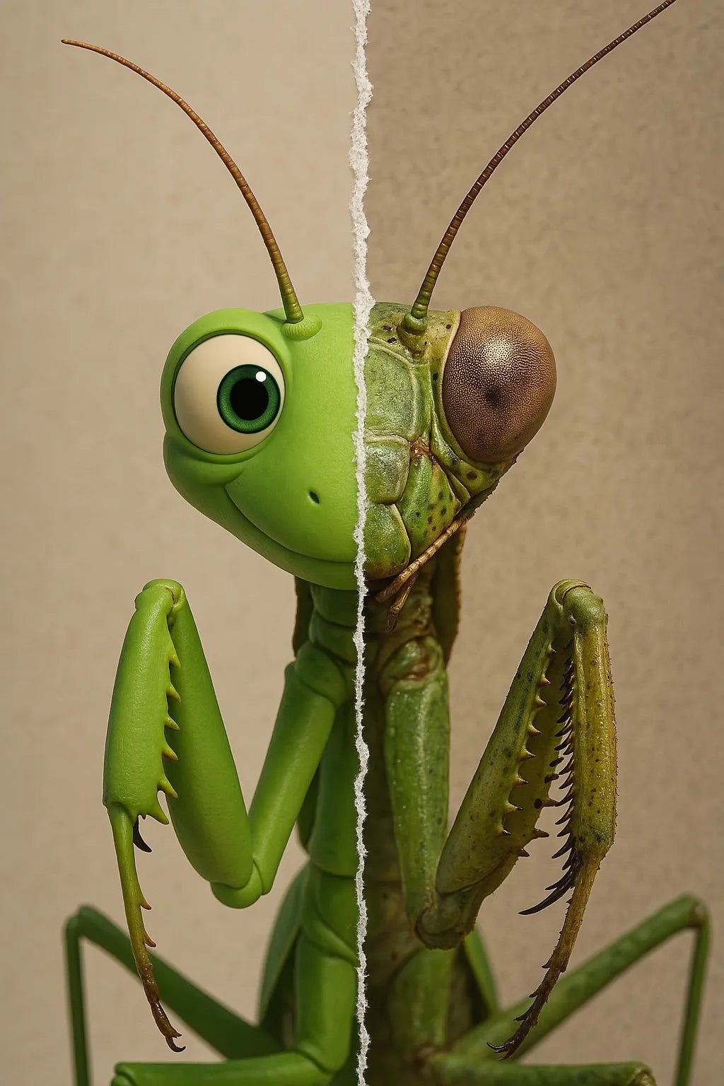 Example output from the Real vs Stylized Portraits ChatGPT prompt: split-screen character portrait. Mantis.