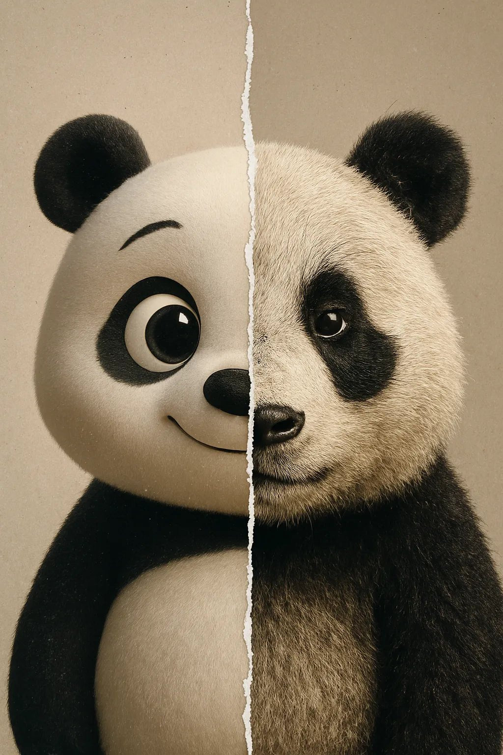 Example output from the Real vs Stylized Portraits ChatGPT prompt: split-screen character portrait. Panda.