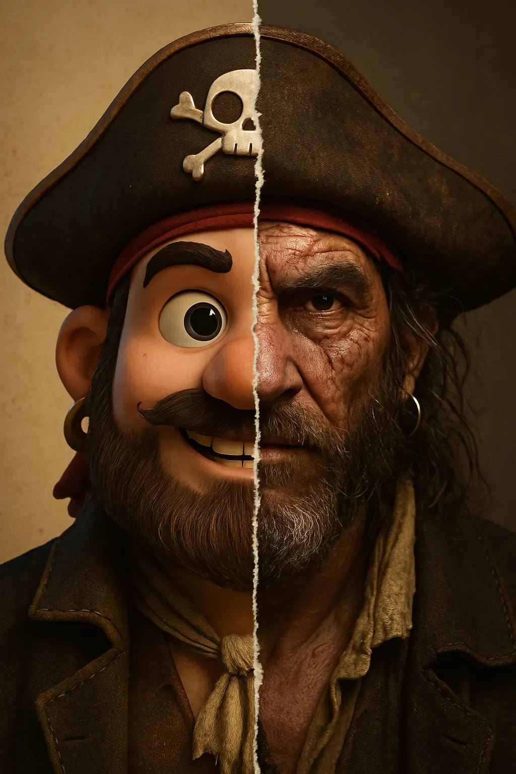 Example output from the Real vs Stylized Portraits ChatGPT prompt: split-screen character portrait. Pirate.