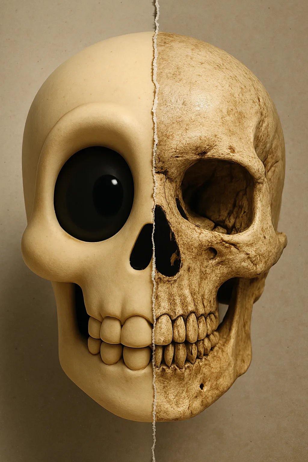 Example output from the Real vs Stylized Portraits ChatGPT prompt: split-screen character portrait. Skull.
