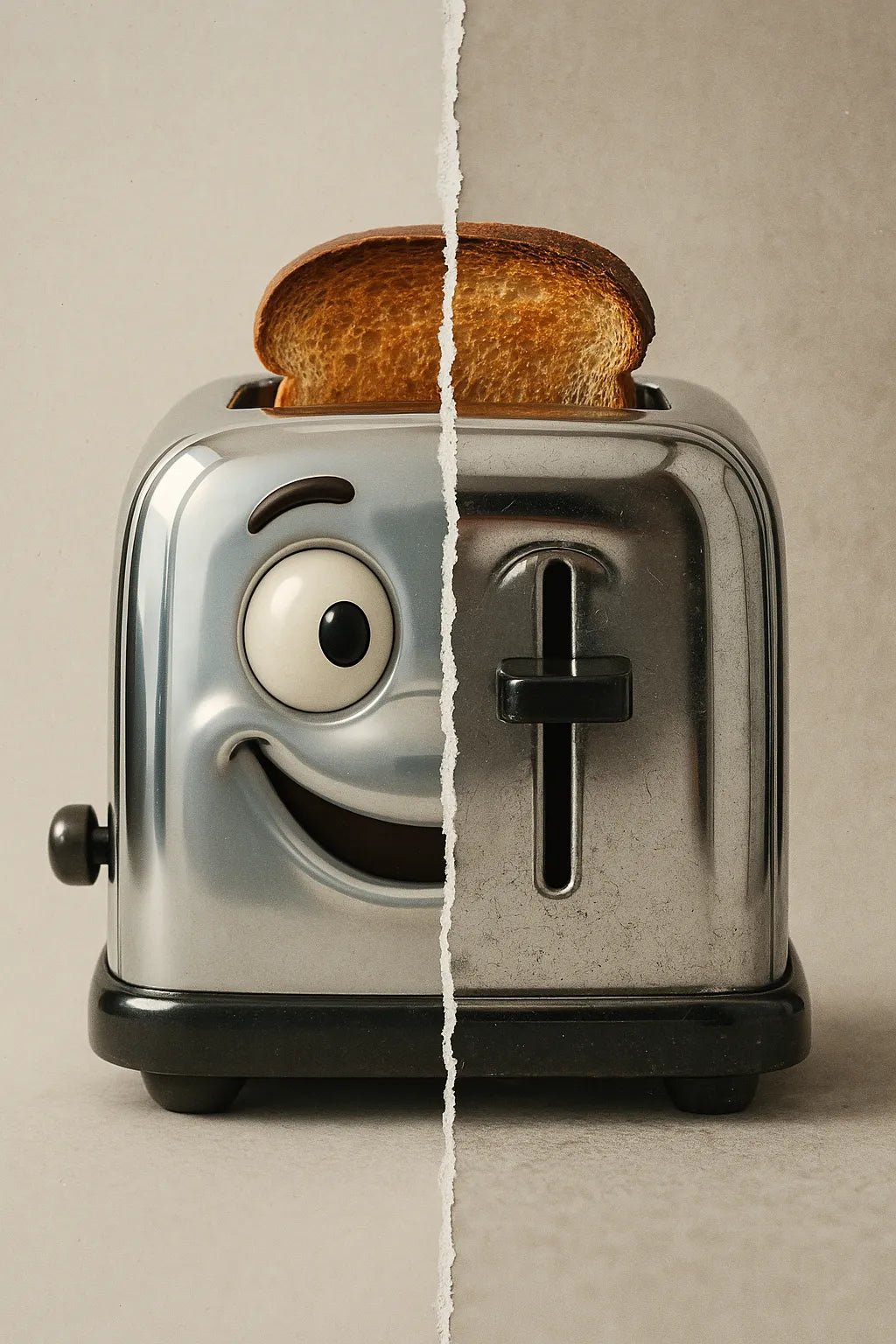 Example output from the Real vs Stylized Portraits ChatGPT prompt: split-screen character portrait. Toaster.