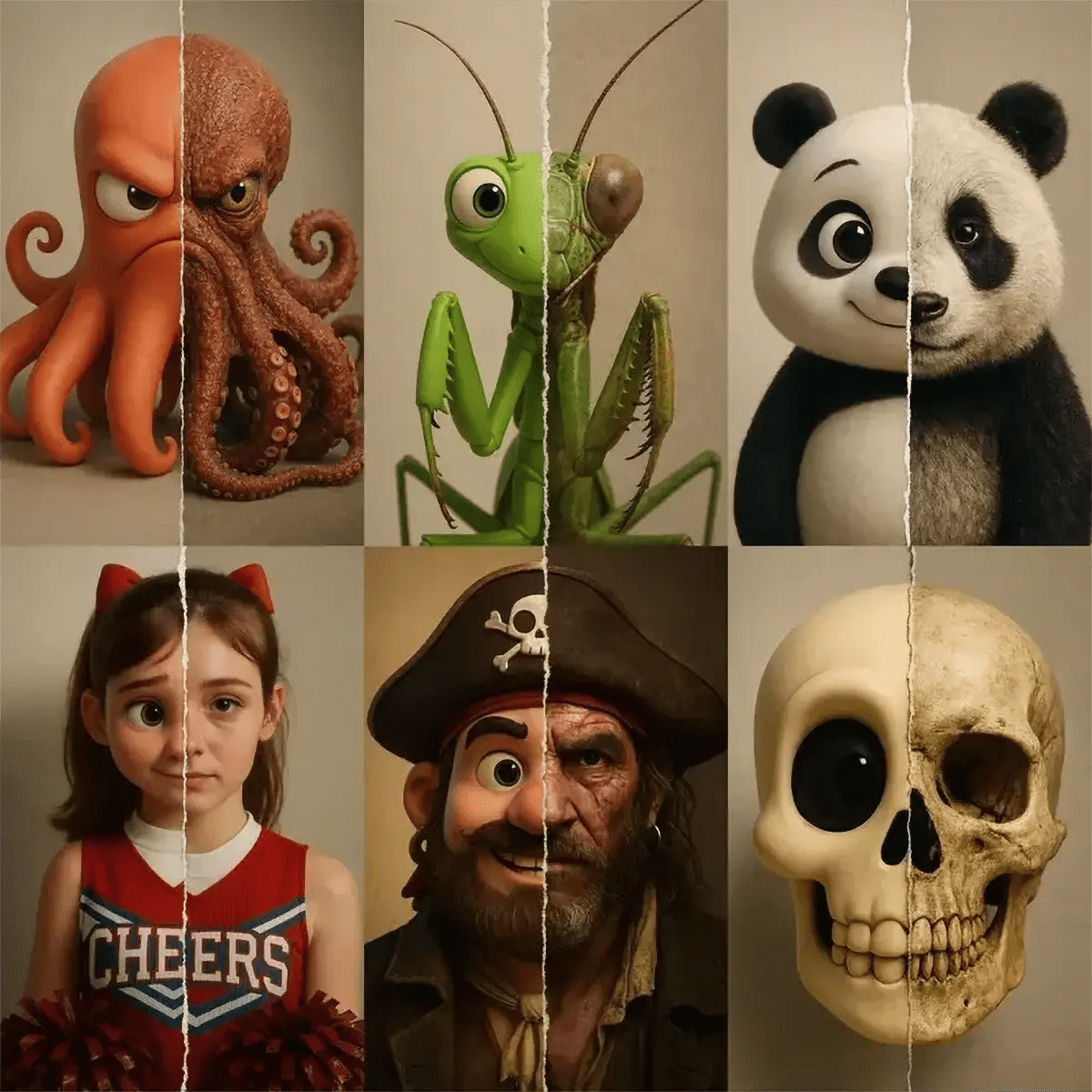 Example output from the Real vs Stylized Portraits ChatGPT prompt: split-screen character portraits with torn-paper edges, featuring hyperreal rendering on one side and cartoon-style art on the other, using balanced vertical framing.